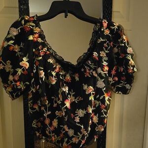 Floral Embroidered Black Top